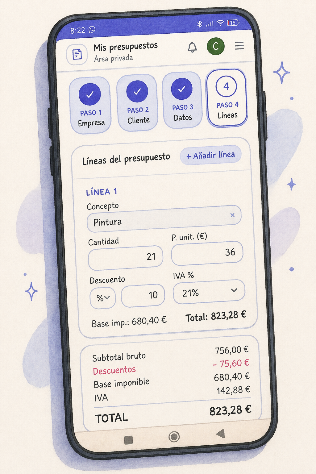 Pantalla de creación de presupuestos en la aplicación Mis presupuestos