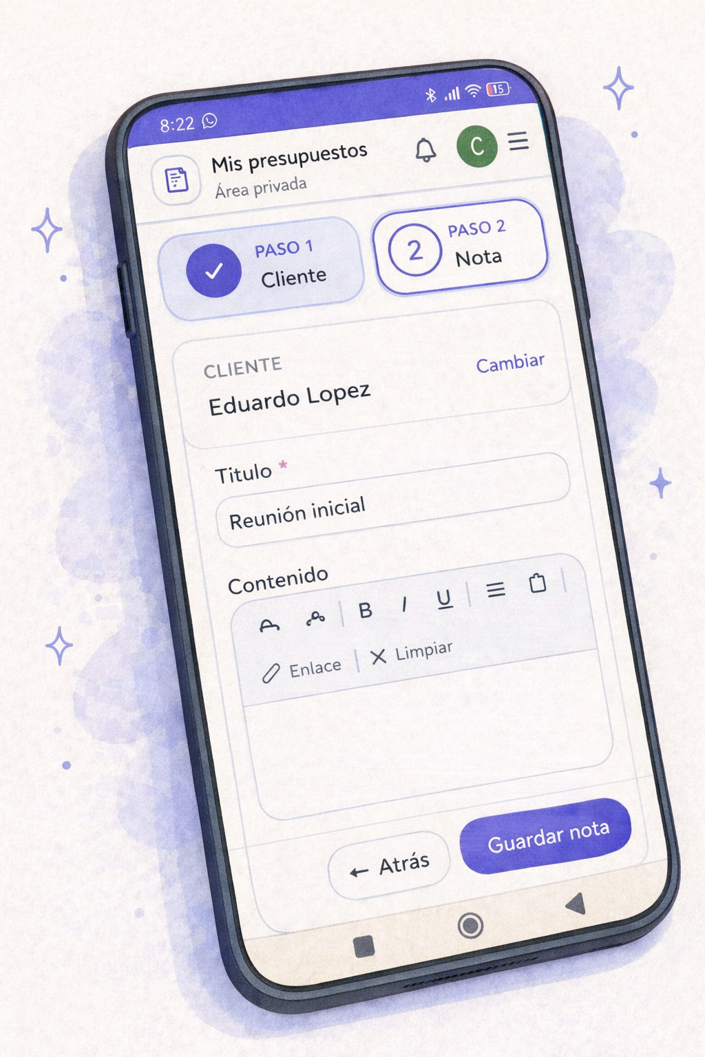 Pantalla de creación de notas previas para presupuestos en la aplicación Mis presupuestos