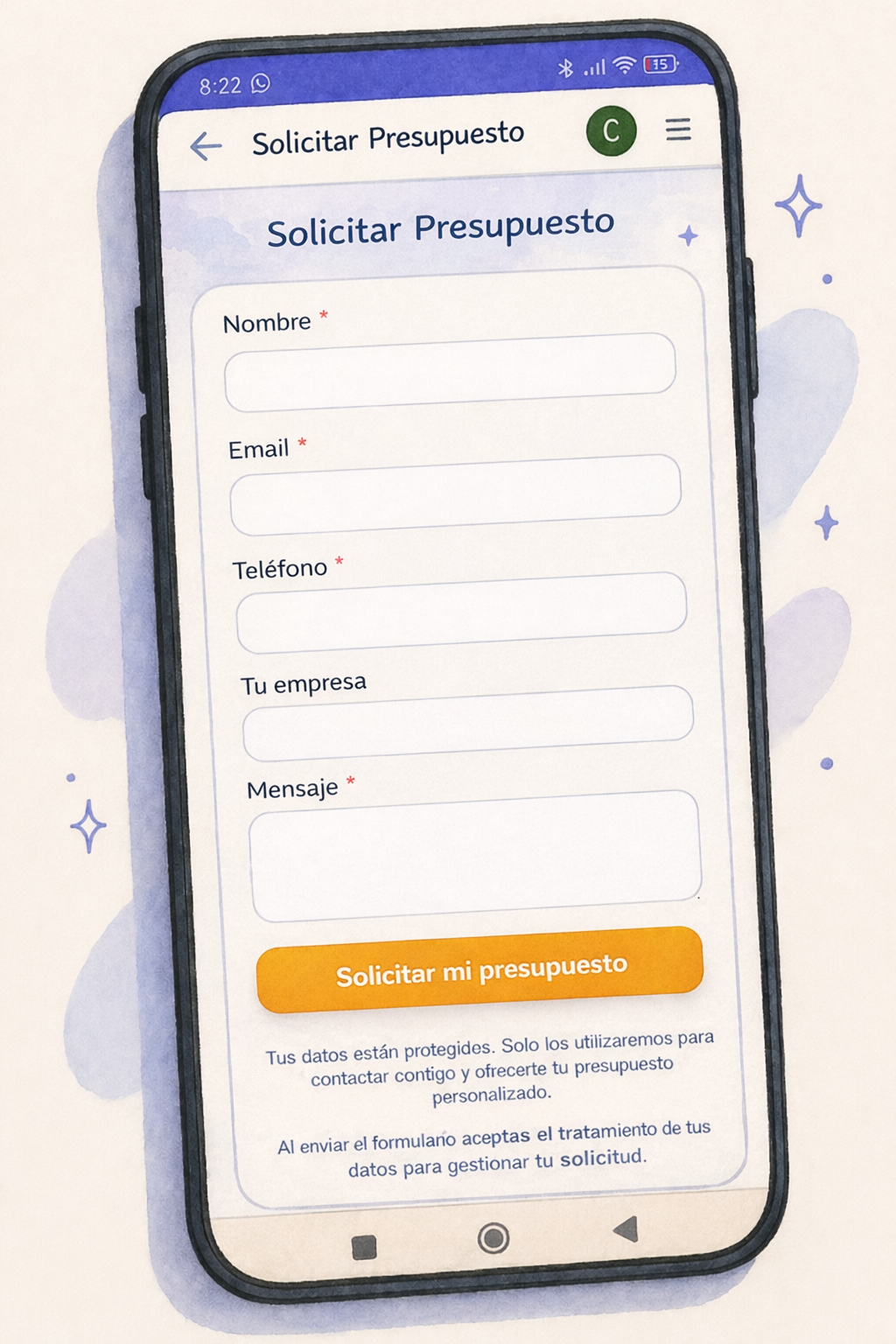 Vista de una página pública para recibir solicitudes de presupuesto